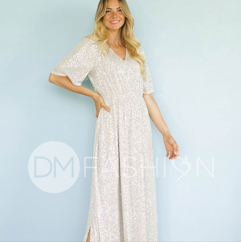 Sequin Maxi Dress Champagne Sz: L by DM Fashion (Silver Gold) Bridesmaid/Wedding